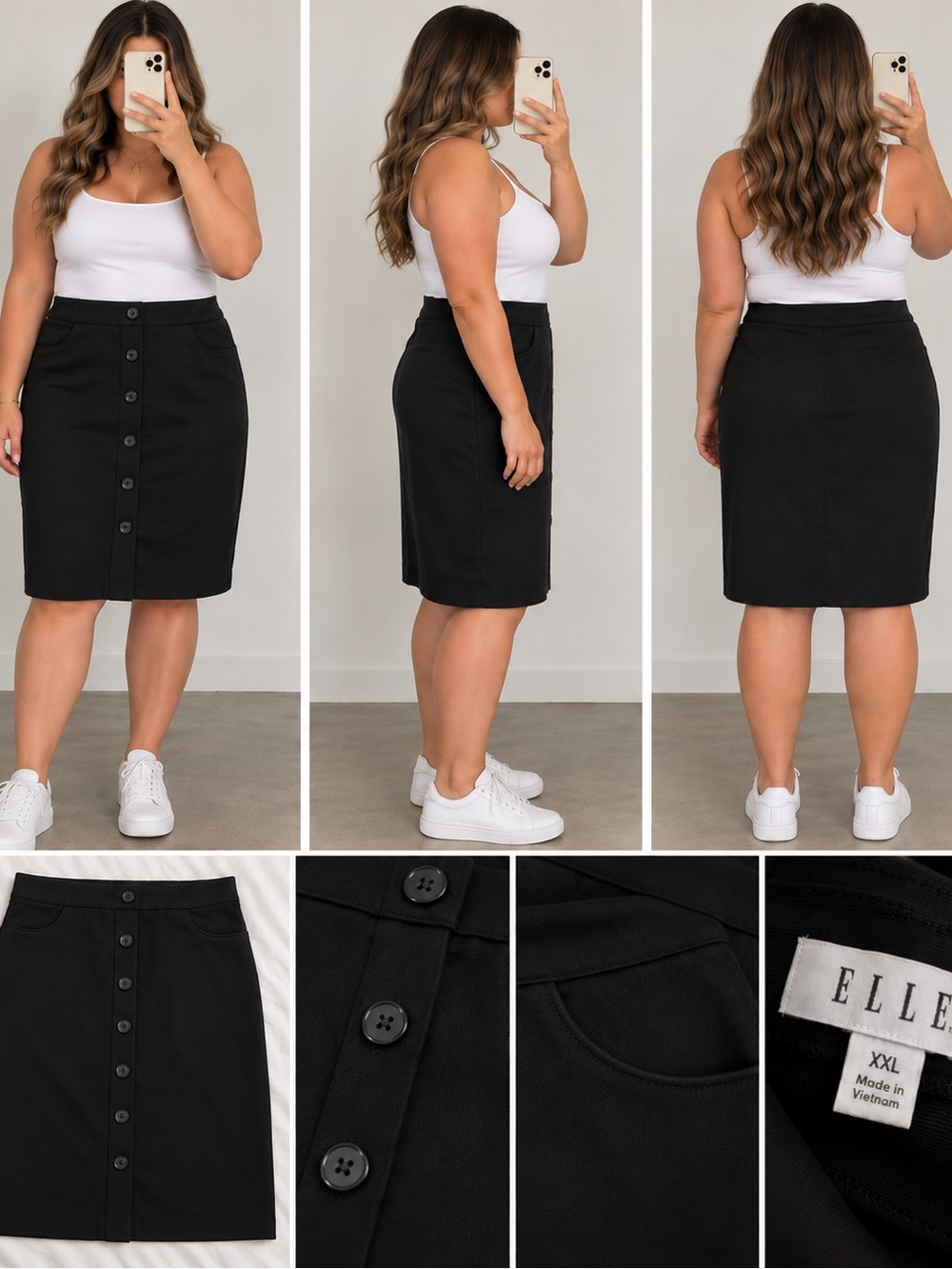 Elle Black Button-Front Pencil Skirt